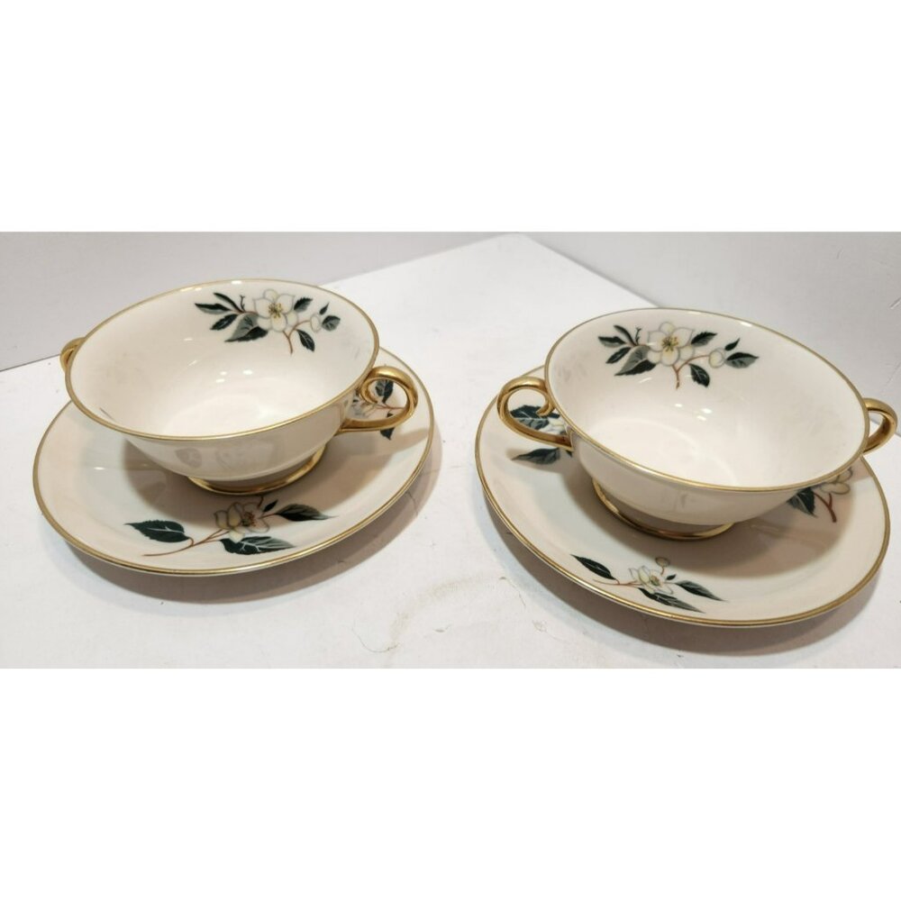 Vtg Flintridge China Tea Leaves Footed Soup Bowls With Saucers Set of 2 Floral